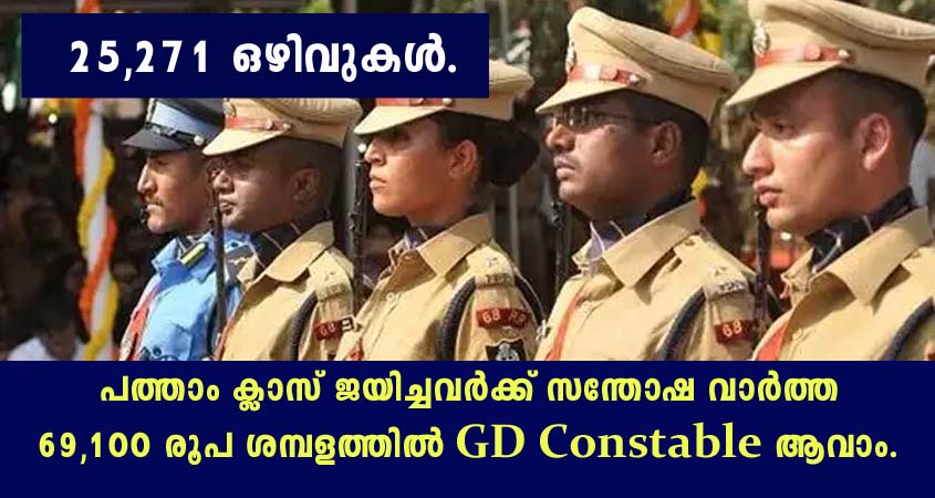 പത്താം ക്ലാസ് ജയിച്ചവർക്ക് അപേക്ഷിക്കാം. കോൺസ്റ്റബിൾ വിജ്ഞാപനം