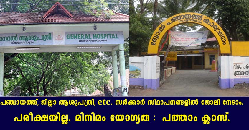 പഞ്ചായത്തിലും ആശുപത്രിയിലും ഉൾപ്പടെ തൊഴിൽ അവസരങ്ങൾ.