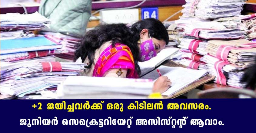 +2 യോഗ്യതയുള്ളവർക്ക് ജൂനിയർ സെക്രെട്ടറിയേറ്റ് അസിസ്റ്റന്റ് ആവാം.